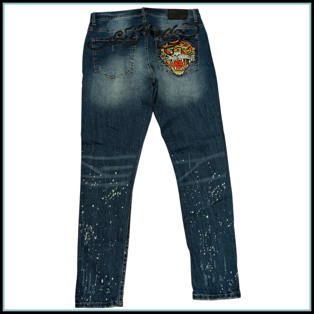 ED HARDY Roaring Tiger Splatter Jeans Slim Taper Y2K Tattoo Cyber Grunge Men 32